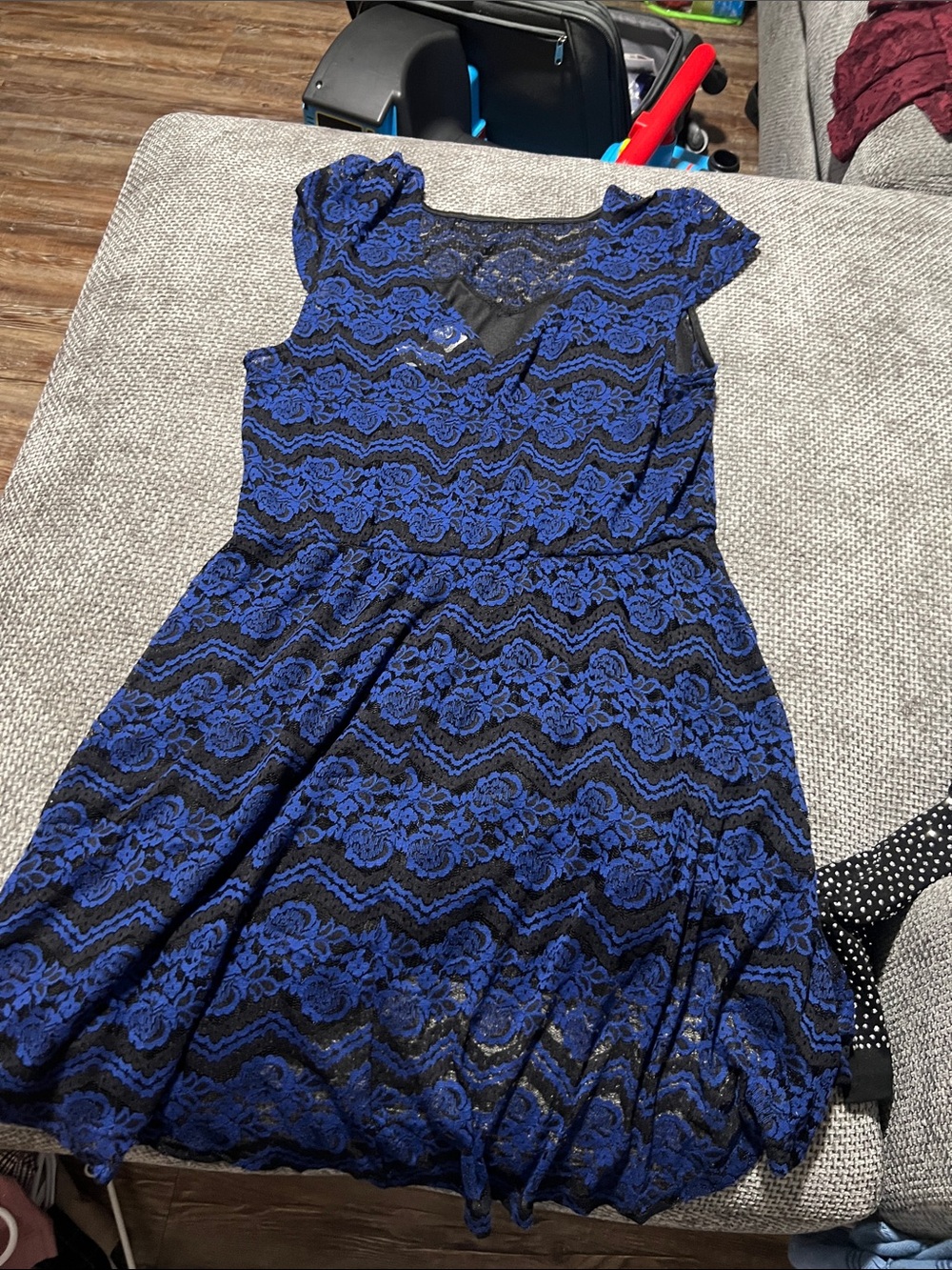 Joe Boxer Blue and Black Lace Cap-Sleeve Mini Dress
